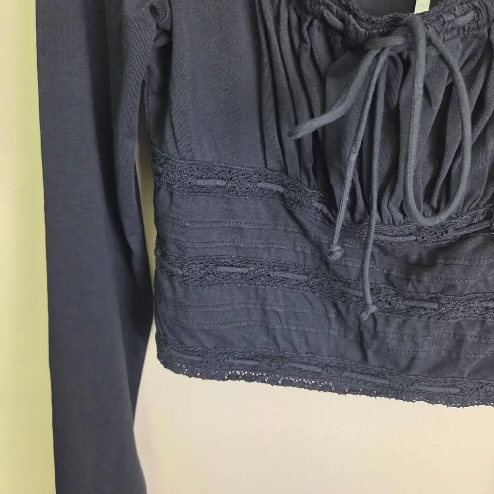Free People Black Lace Trim Long Sleeve Crop Top Tie Front Boho Size Small